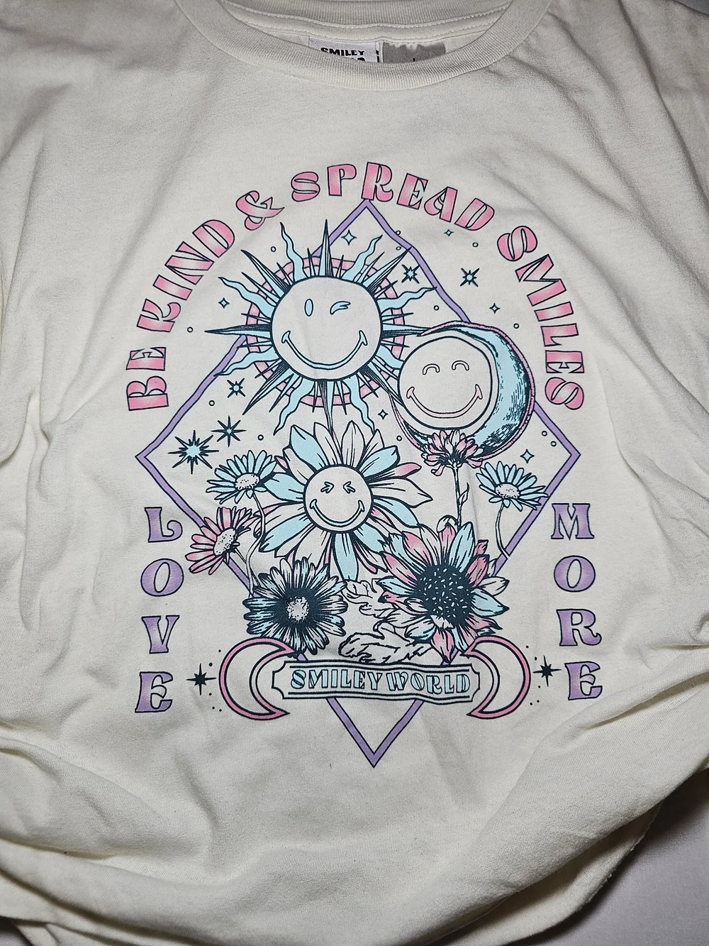 Smiley World Ruched Baby Tee Kids Large Pastel Graphic Crop Top Y2K Fairycore